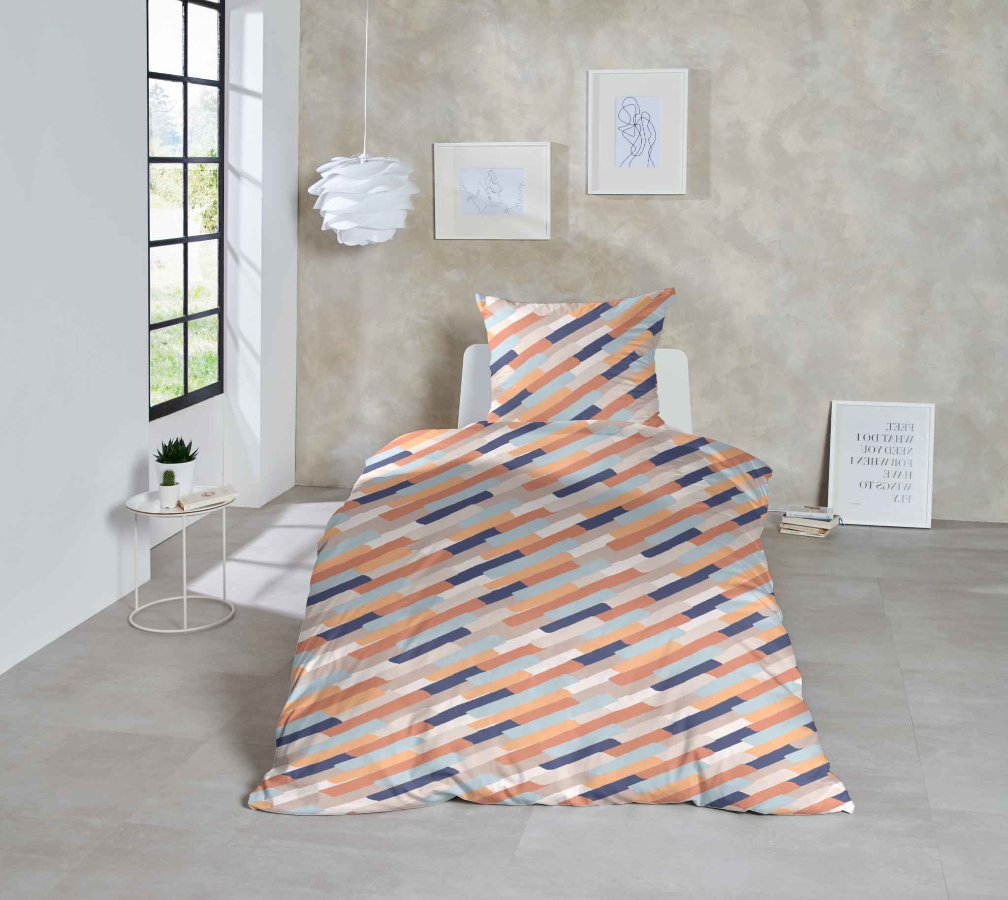 Primera Bettwäsche Hahn Feinbiber Bettwäsche Striche Orange Blau, Feinbiber günstig online kaufen