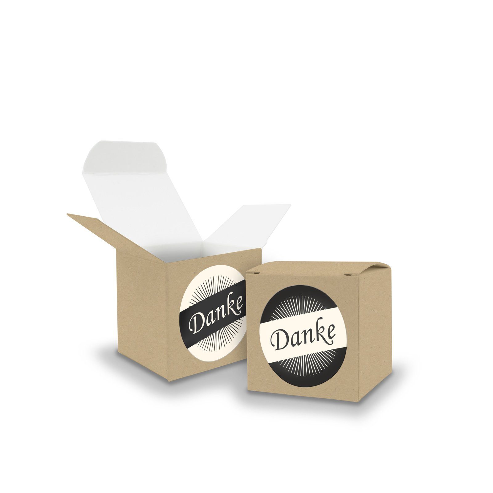 itenga Geschenkpapier SET DANKE (Motiv36) 24x Faltschachtel Würfel 5cm BRAUN + Sticker