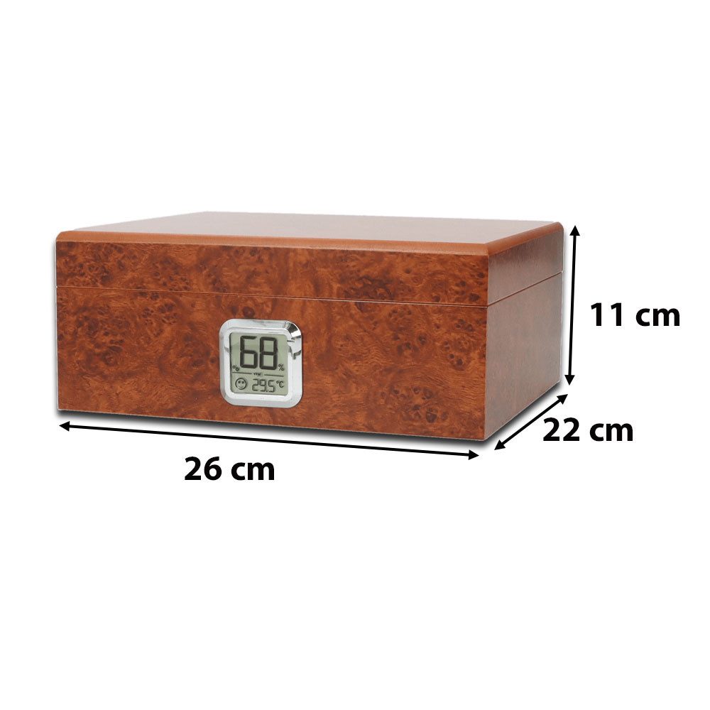 Coumo Humidor Wurzelholz Finish, Humidor für ca. 50 Zigarren, Digitales Hygrometer, Digitales Hygrometer, Geschenkverpackung