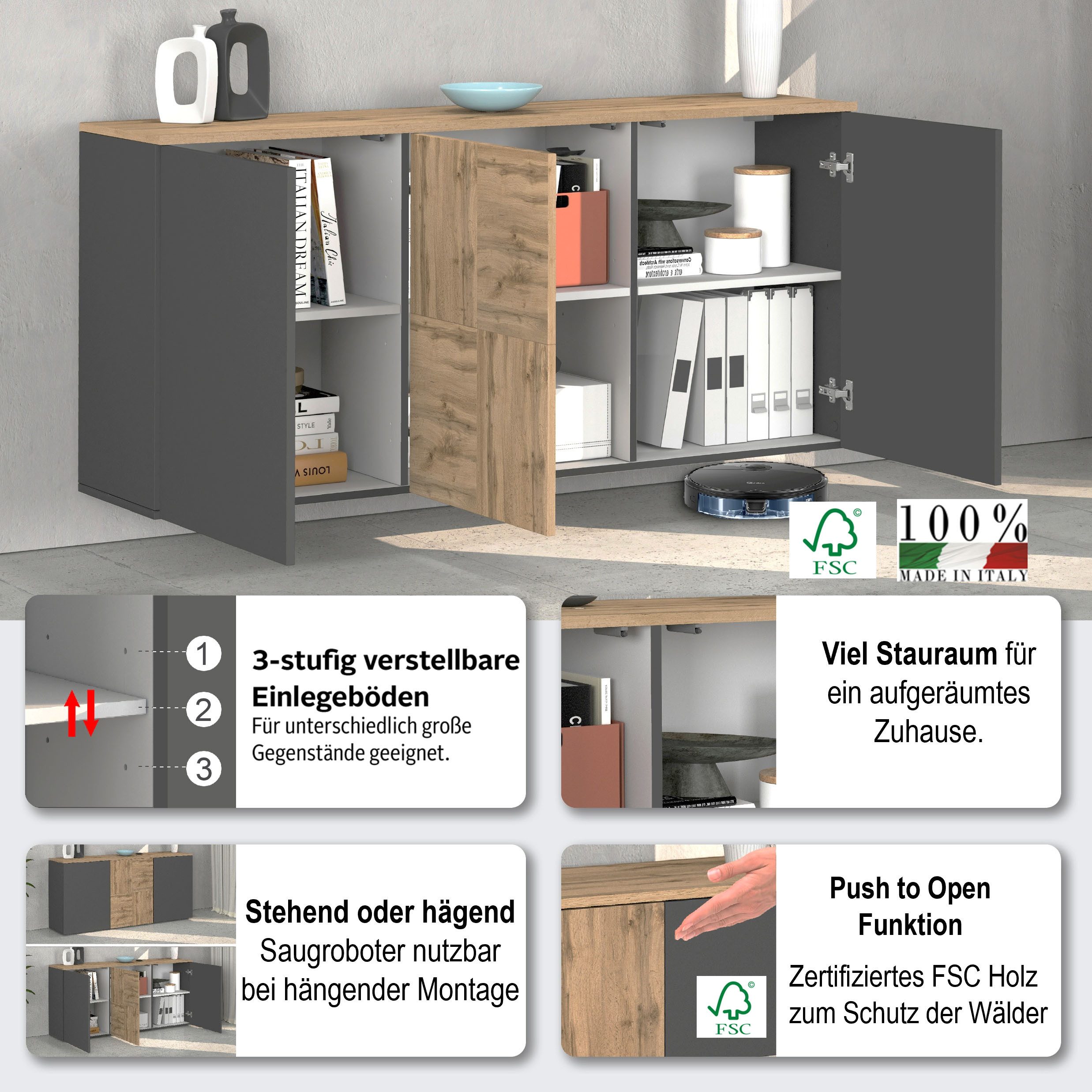 OTTO home Sideboard ISEO, Kommode, Schrank, Sideboard, Lowboard, 6 Fächer, Breite 150 cm (1 St), stehend/hängend, 3 Türen, 6 Fächer, Breite 150 cm