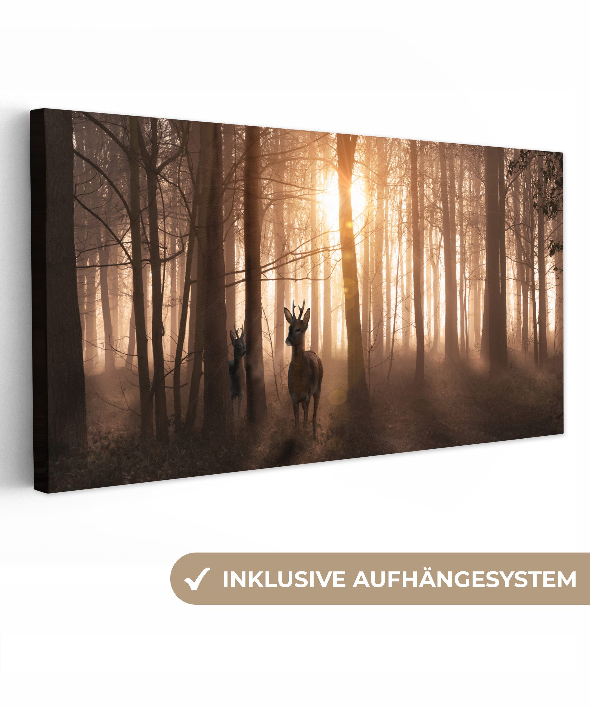 OneMillionCanvasses® Leinwandbild Panorama Wald - Hirsche - Sonne - Bäume - Winter - Natur - Tiere, Fotodruck (1 St), Wandbild, Deko Schlafzimmer Wohnzimmer Flur 40x20 cm