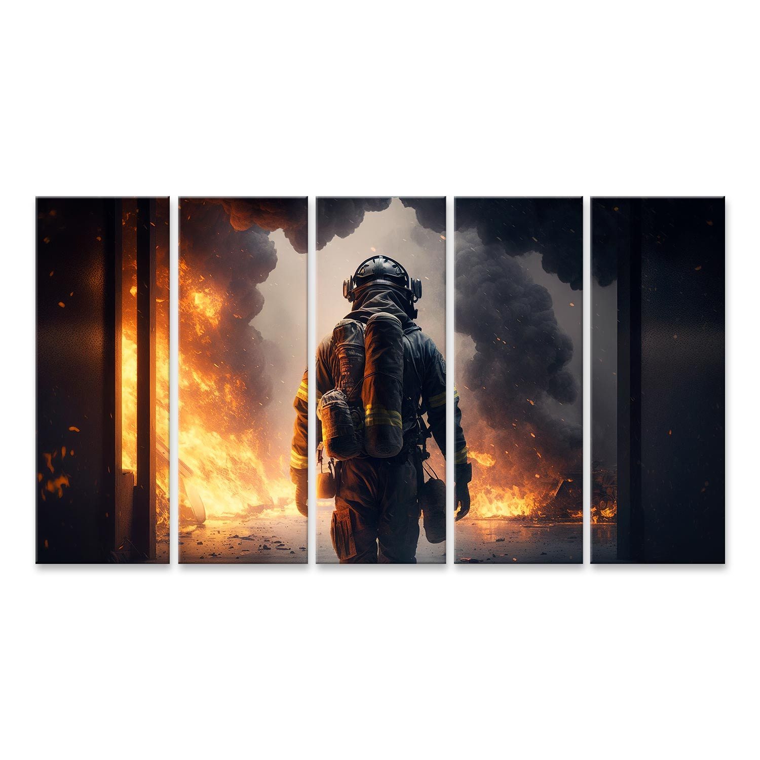 Leinwandbild Feuerwehrmann arbeitet Feuer Feuerwehrmann geht in brennende Bilder