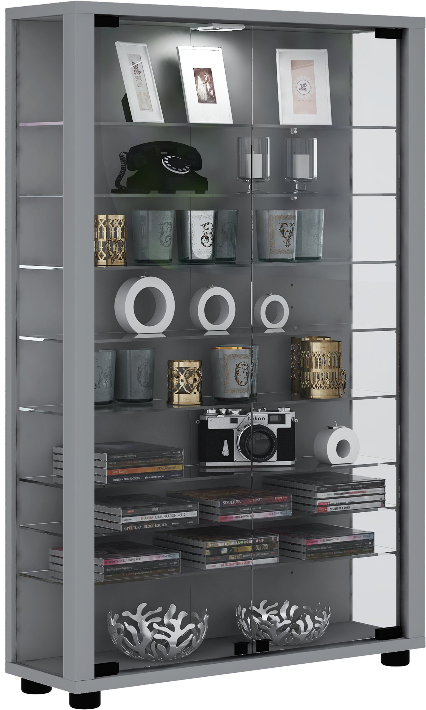 VCM Standvitrine Glasvitrine Lumo mit Glastüren und Glasböden, H. Glasvitrine stehend, Modern und platzsparend, Glasschrank