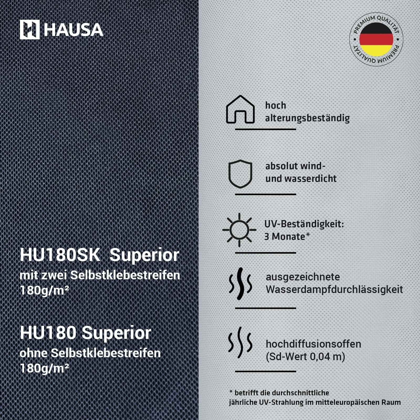 Hausa Dachbahn Unterspannbahn Dach Superior HU180, Ohne Selbstklebestreifen, 300 m² pro Paket, (180g/m², 4-St., 4 x 1,5m x 50m), flexible dreilagige hochdiffusionsoffene Unterdeckbahn