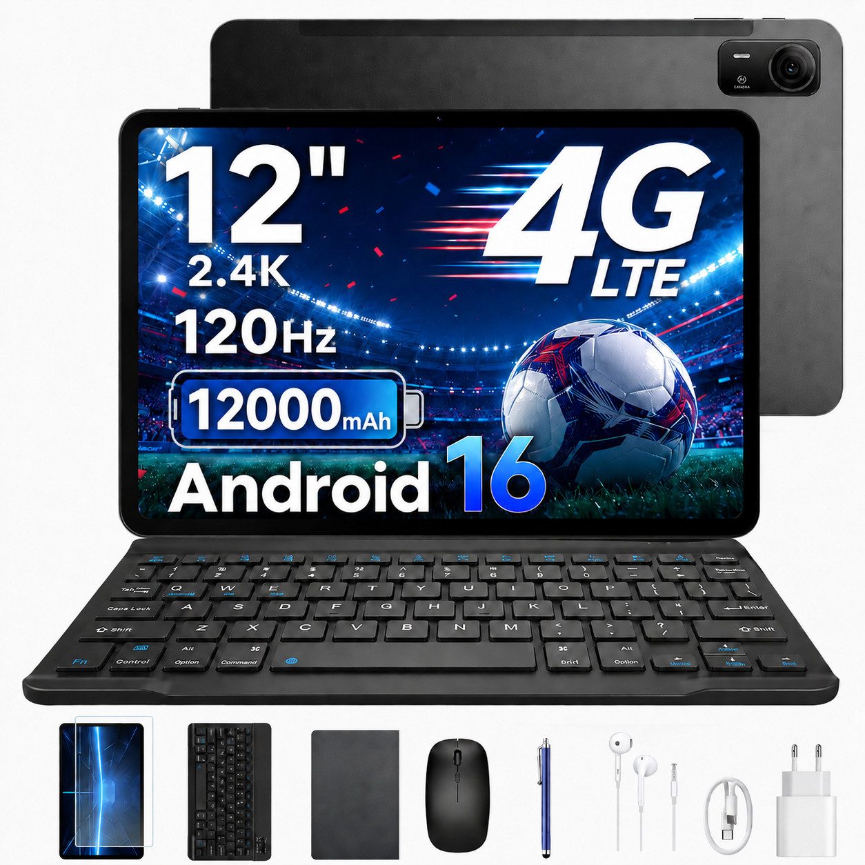 POCKAM P12Pro tablet 12 zoll 4G SIM Android 16 Tablet mit Tastatur 12000mAh Tablet (12", Android 16, Wifi, Unisoc T7300 Octa-Core, 13MP+8MP, Face ID, 4G LTE, 12GB+256GB/2TB)