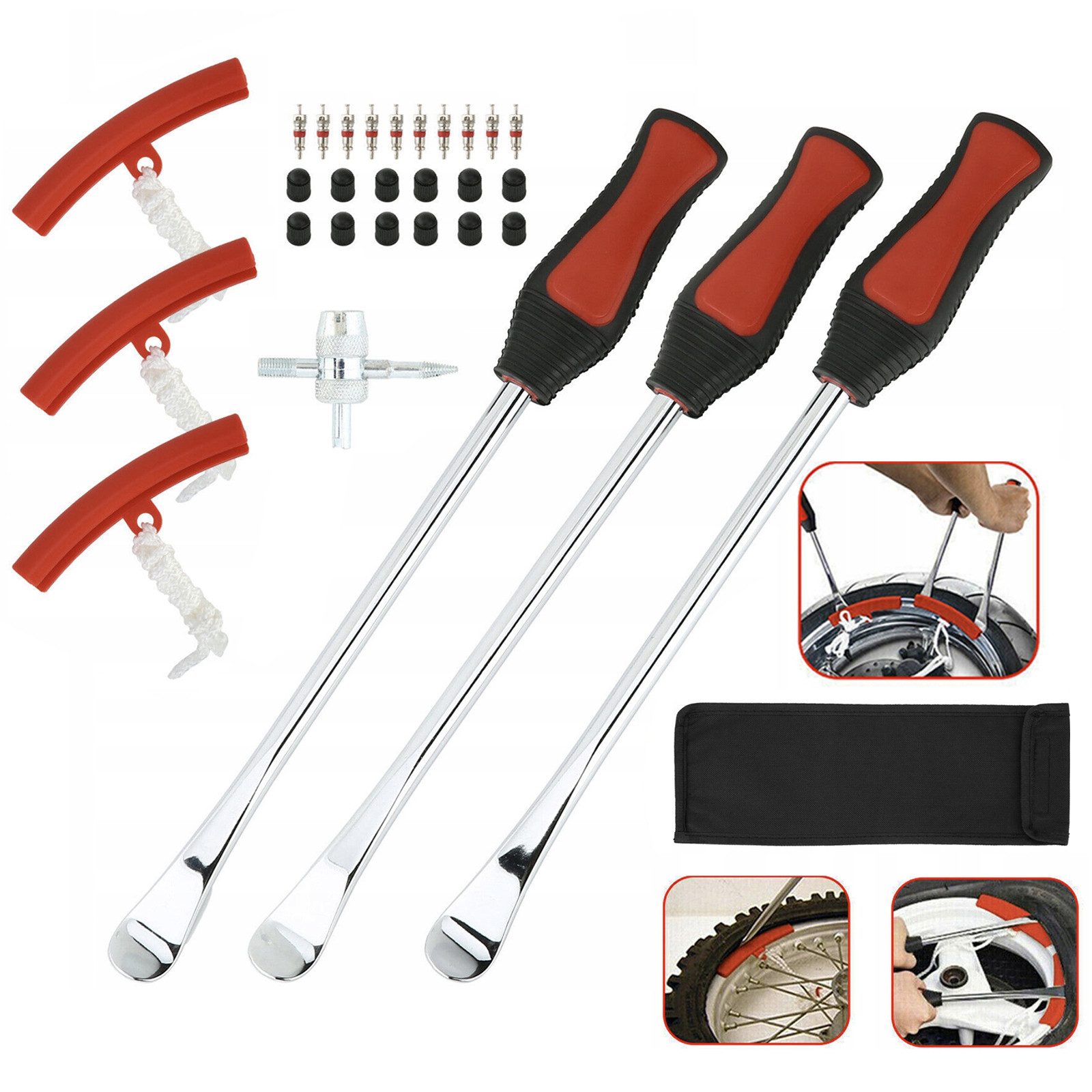 OKWISH Fahrradreifenheber Шинний прасwerkzeuge Reifenreparaturkits Reifenwechsel Zubehör, L: 29 cm, (Rad Felge Protektoren Tool Kit, 29-tlg., mit Hebeln Felgenschonern Ventilschlüssel Ventileinsätzen Kappen), für Motorrad Fahrrad MTB Werkstatt Offroad Einsatz usw.