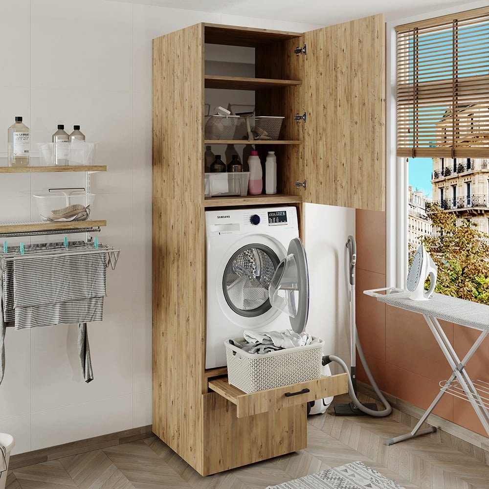 (Waschmaschinenschrank Waschmaschinenumbauschrank eiche eiche Mehrzweckschrank) Waschturm | Roomart Überbauschrank