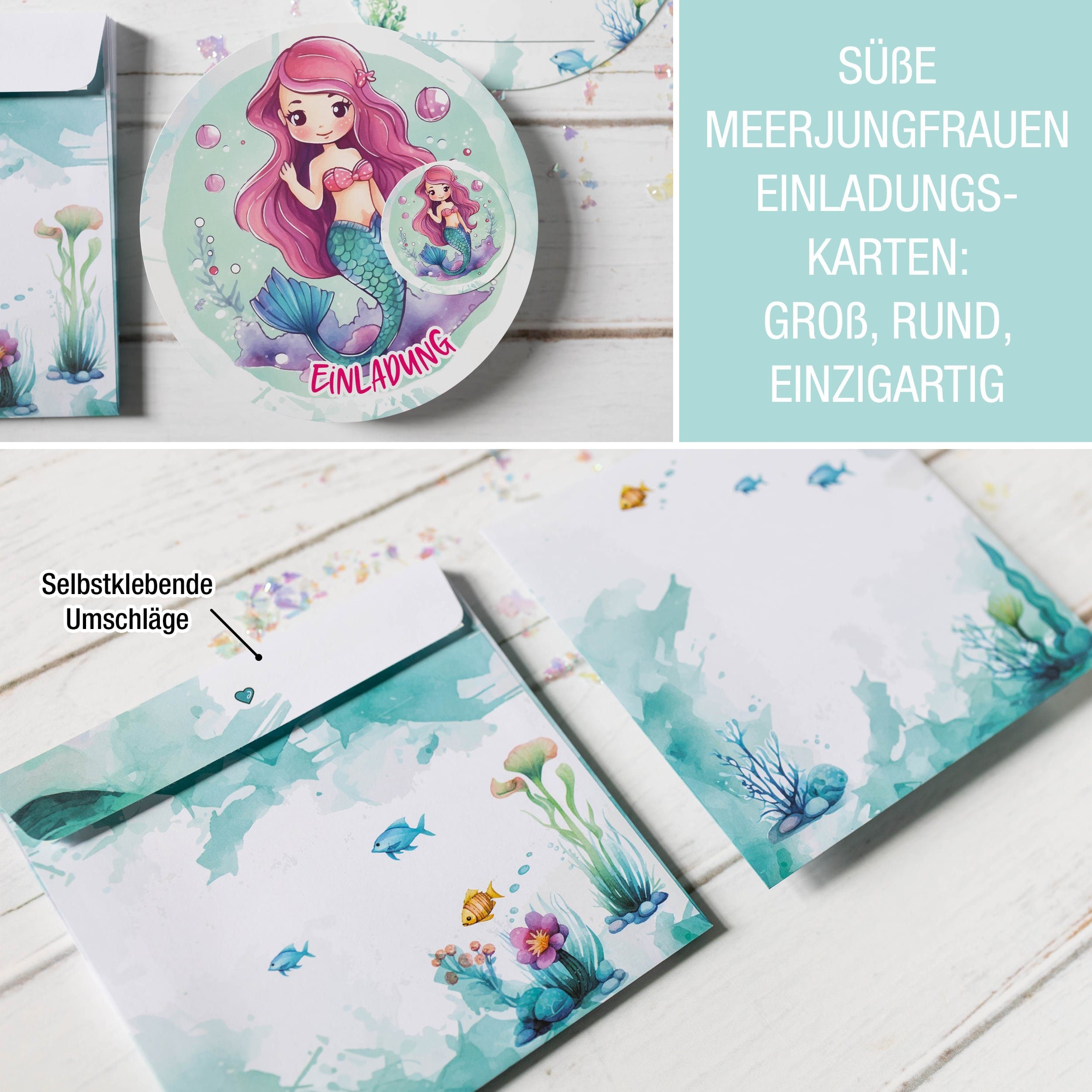 Geburtstag XXL & Sticker, Runde TOBJA inkl Kinder Meerjungfrau Kindergeburtstag Einladungskarten Grußkarte Einladung Mädchen Umschläge