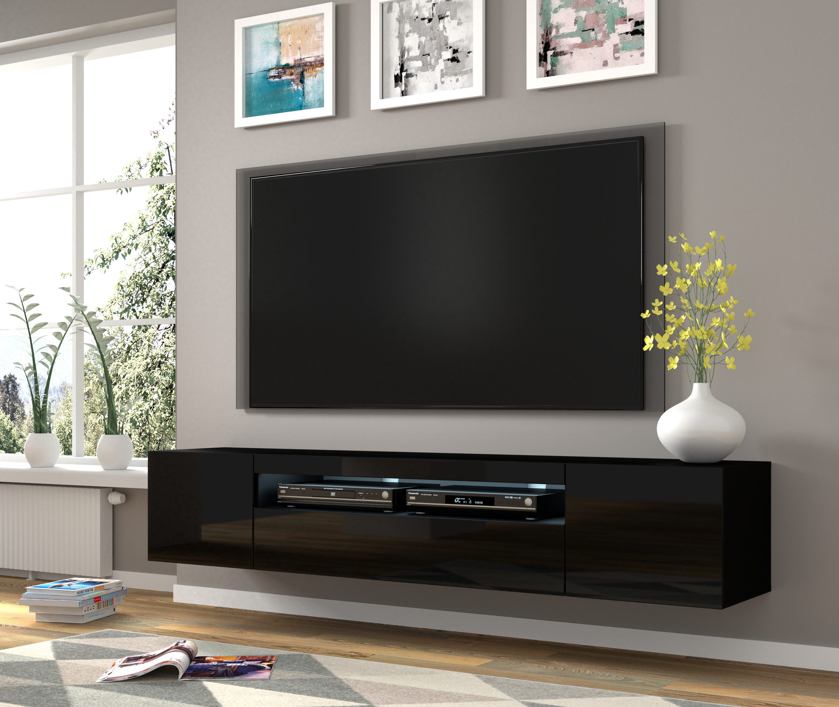 Raumhirsch Furniture Lowboard TV Schrank, RTV Möbel, Wohnmöbel (Maße 200 x 37 x 42/36 (H) cm, 3 Fächer), Hängend oder stehend, Viel Stauraum