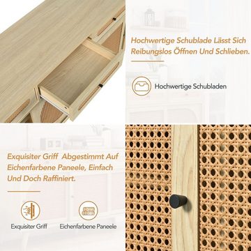 Fangqi Sideboard mit PE-Kunststoff-Rattantür,verstellbaren Einlegeböden,3 Schubladen, Sideboard aus Holz mit 3 Schiebetüren, 140 cm lang
