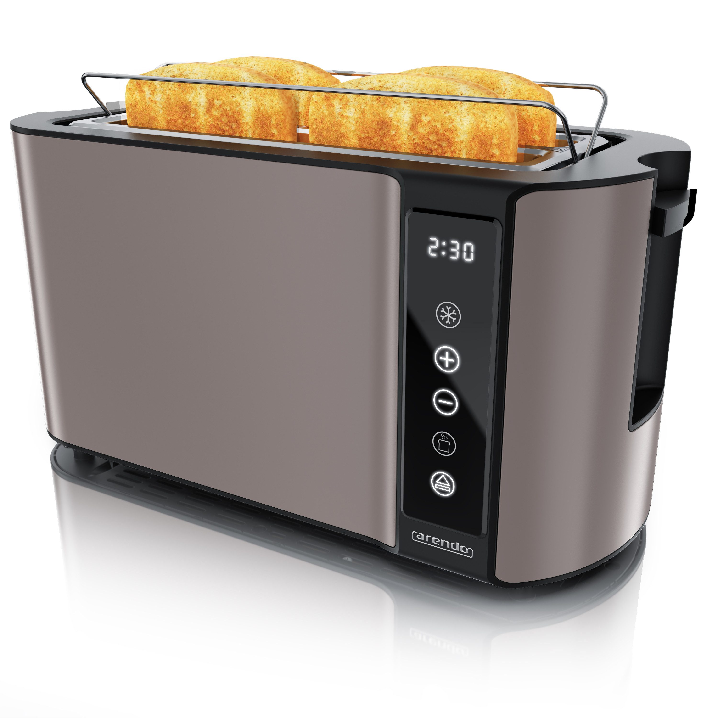 Arendo Toaster Wärmeisoliertes Doppelwandgehäuse, Display mit Restzeitanzeige, 2 lange Schlitze, für 4 Scheiben, 1500 W, Touchpanel, Brötchenaufsatz, 7 Bräunungsgrade, Brotscheibenzentrierung