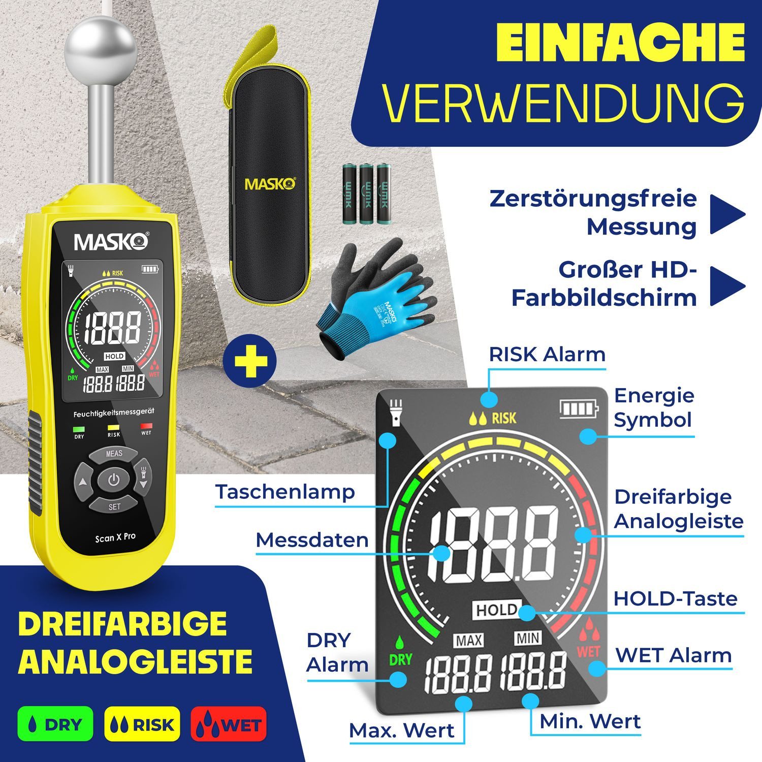 MASKO Feuchtigkeitsmesser, (Alarm, Taschenlampe & Datenhaltefunktion), günstig online kaufen