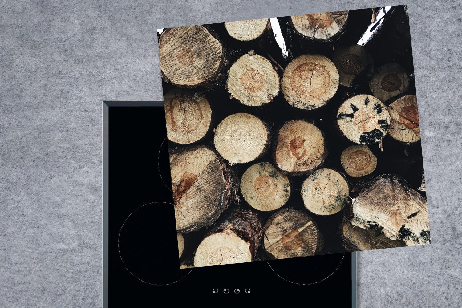 küche tlg), cm, MuchoWow 78x78 (1 Ceranfeldabdeckung, für Kamin, Winter Vinyl, - Holz Arbeitsplatte - Herdblende-/Abdeckplatte