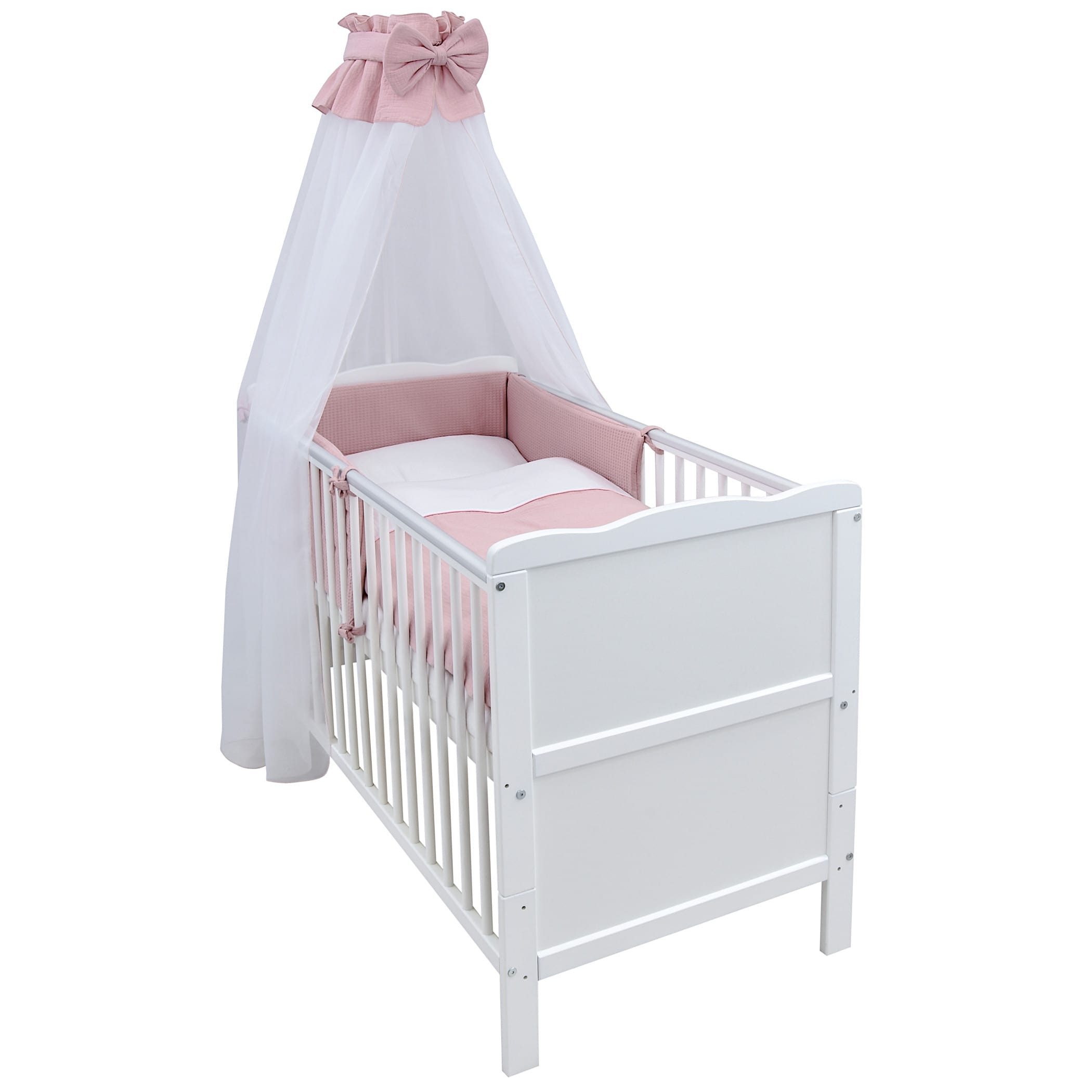 Baby-Delux Komplettbett Babybett Jack Komplettset Beißschienen Musselin, 10-tlg., Kinderbett 70x140 cm weiß, Bettset verschiedene Designs