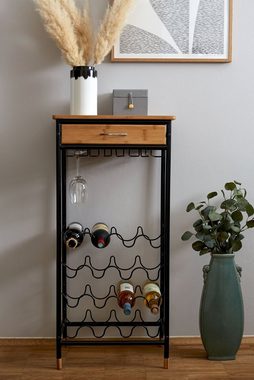 WENKO Weinflaschenhalter Loft, für 16 Flaschen, Metall in Kombination mit Bambus, 1 Schublade