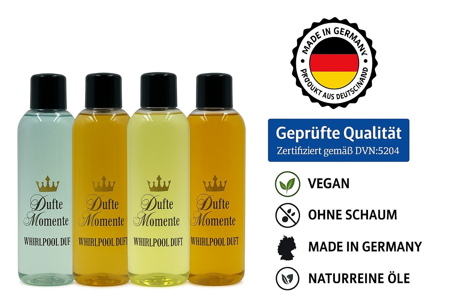 Dufte Momente Badezusatz Whirlpool Duft-Set 4x250ml: Eukalyptus, Kokos-Vanille, u.a., 4-tlg., Mit ätherischen Ölen, vegan, tierversuchsfrei