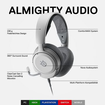 SteelSeries Arctis Nova 1P White Gaming-Headset (Einziehbares Mikrofon, Geräuschunterdrückung, Prism RGB-Beleuchtung)