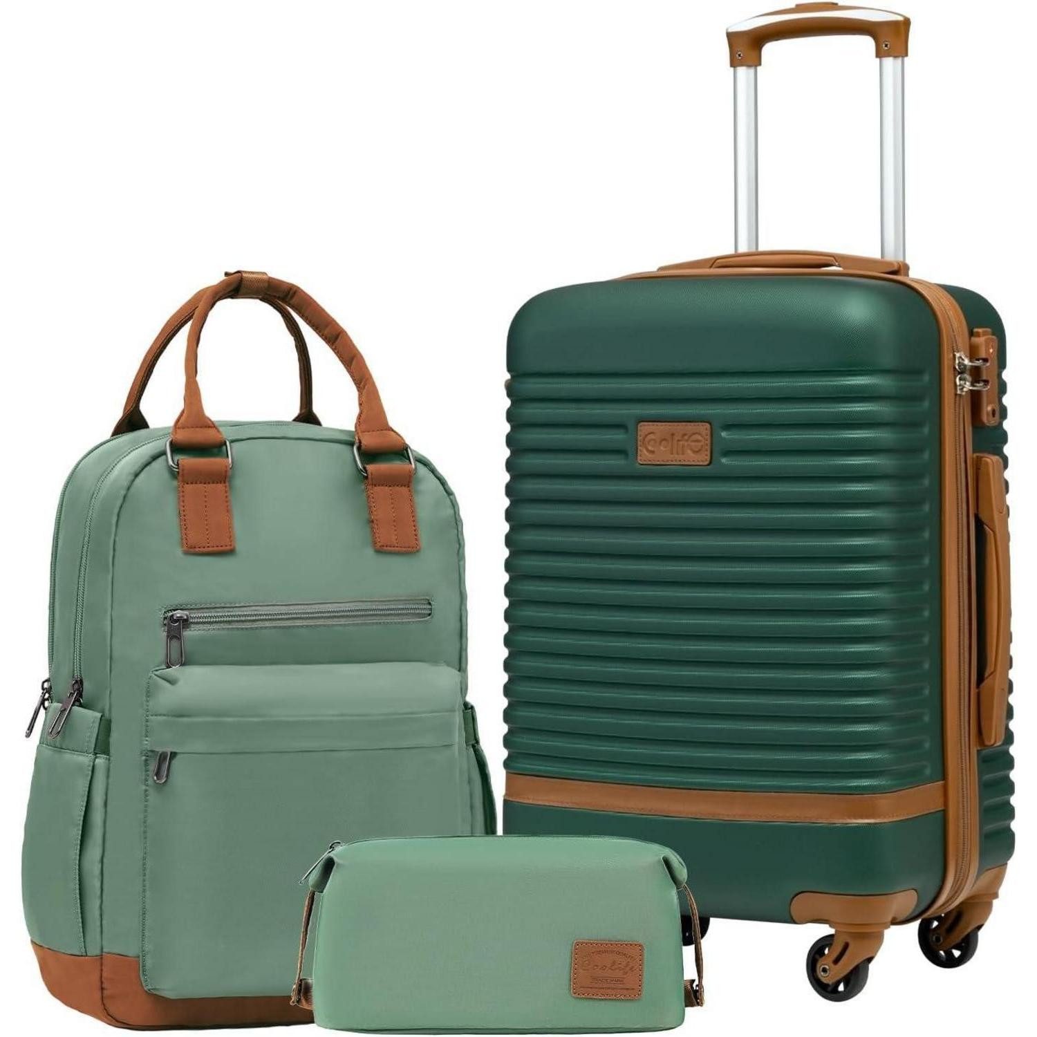 LuxusKollektion Kofferset Koffer Trolley ABS Hartschale 4 Handgepäck-Set 3tlg Dunkelgrün Braun