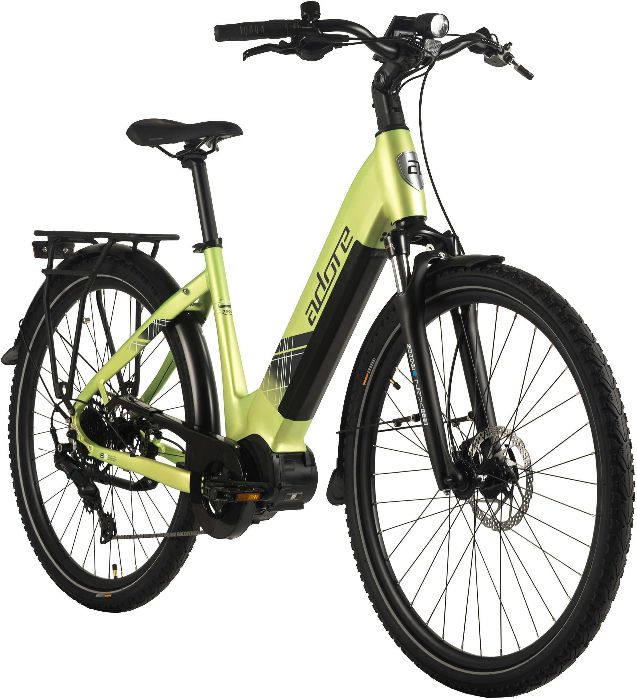 Adore E-Bike Cityrad 28" Alu Cityfahrrad CX-380 Mittelmotor 85NM / 15Ah Lime Green matt, 9 Gang Shimano Cues Schaltwerk, Kettenschaltung, Mittelmotor, 540 Wh, Pedelec, Elektrofahrrad für Damen und Herren