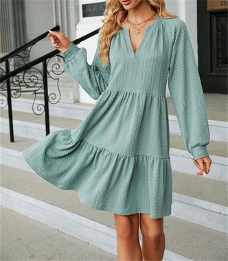 AFAZ New Trading UG Sommerrock Einfarbiges, plissiertes Patchwork-Kleid V-Ausschnitt langen Ärmeln