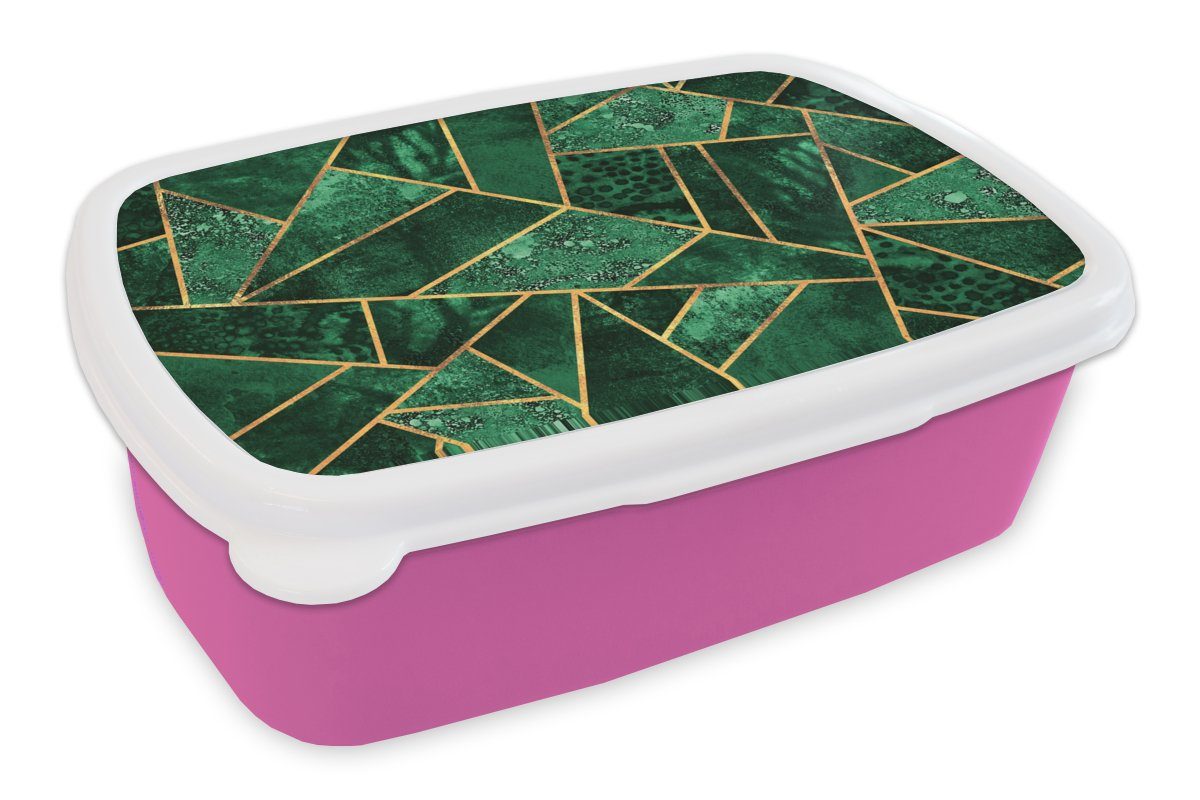 MuchoWow Lunchbox Smaragd - Gold - Abstrakt - Muster, Kunststoff, (2-tlg), Brotbox für Erwachsene, Brotdose Kinder, Snackbox, Mädchen, Kunststoff rosa