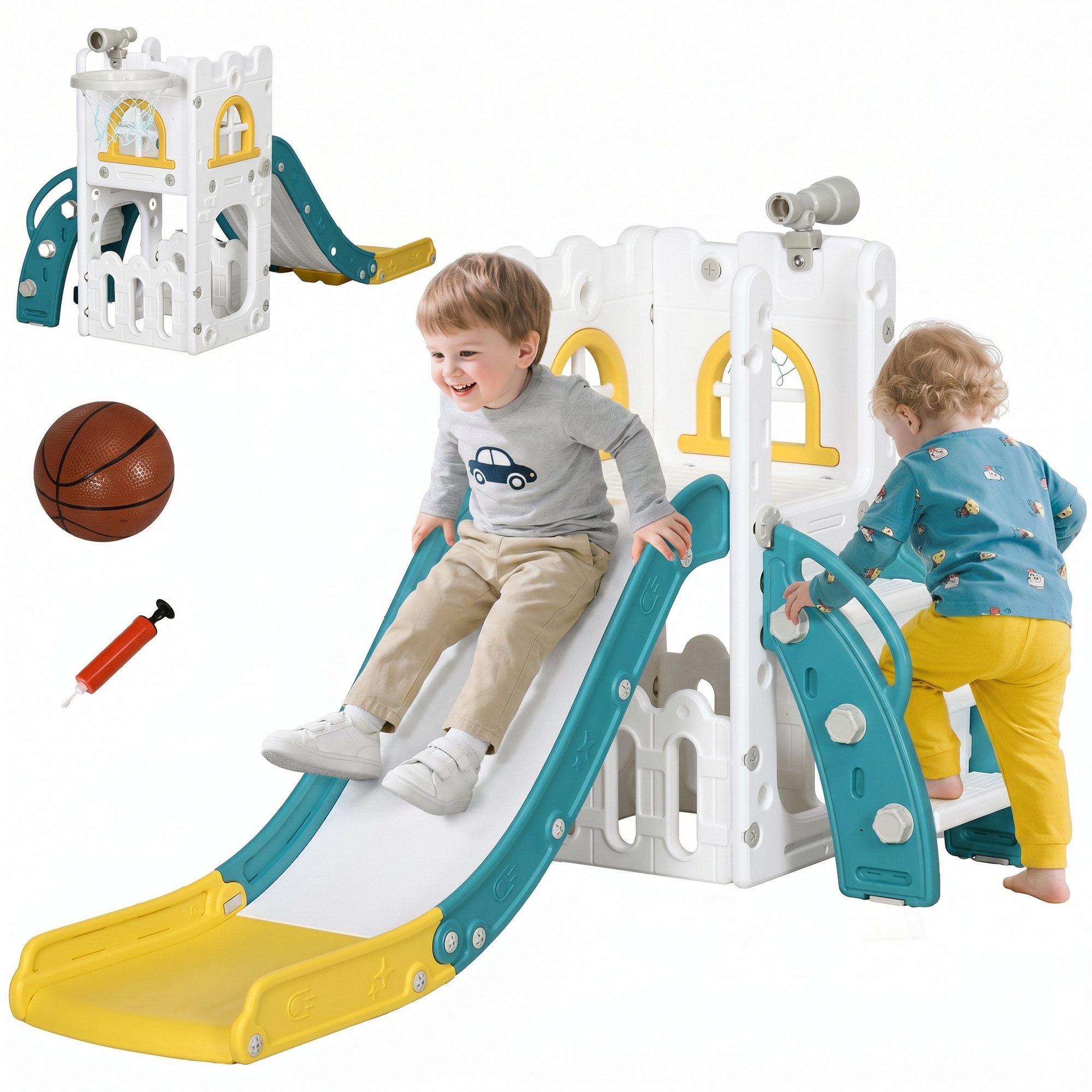 AIYAPLAY Rutsche Kinder 7-in-1 Klettergerüst mit Basketballkorb, (Kleinkinderrutsche, 1-tlg., 5 in 1 Kinderrutsche), für Kinder 1-3 Jahre, Indoor, Gelb 70 x 177 x 92 cm