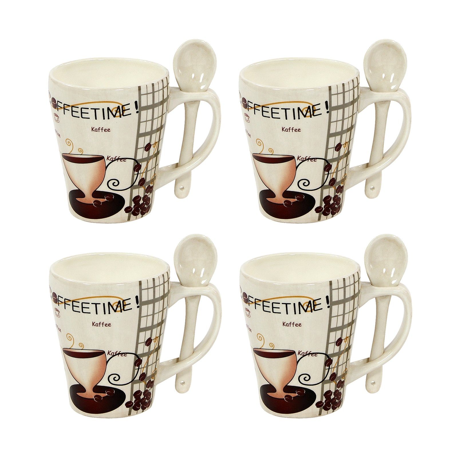 Neuetischkultur Tasse Kaffeebecher mit Löffel Coffeetime 4er-Set, Keramik, Kaffeetasse Kaffeepot