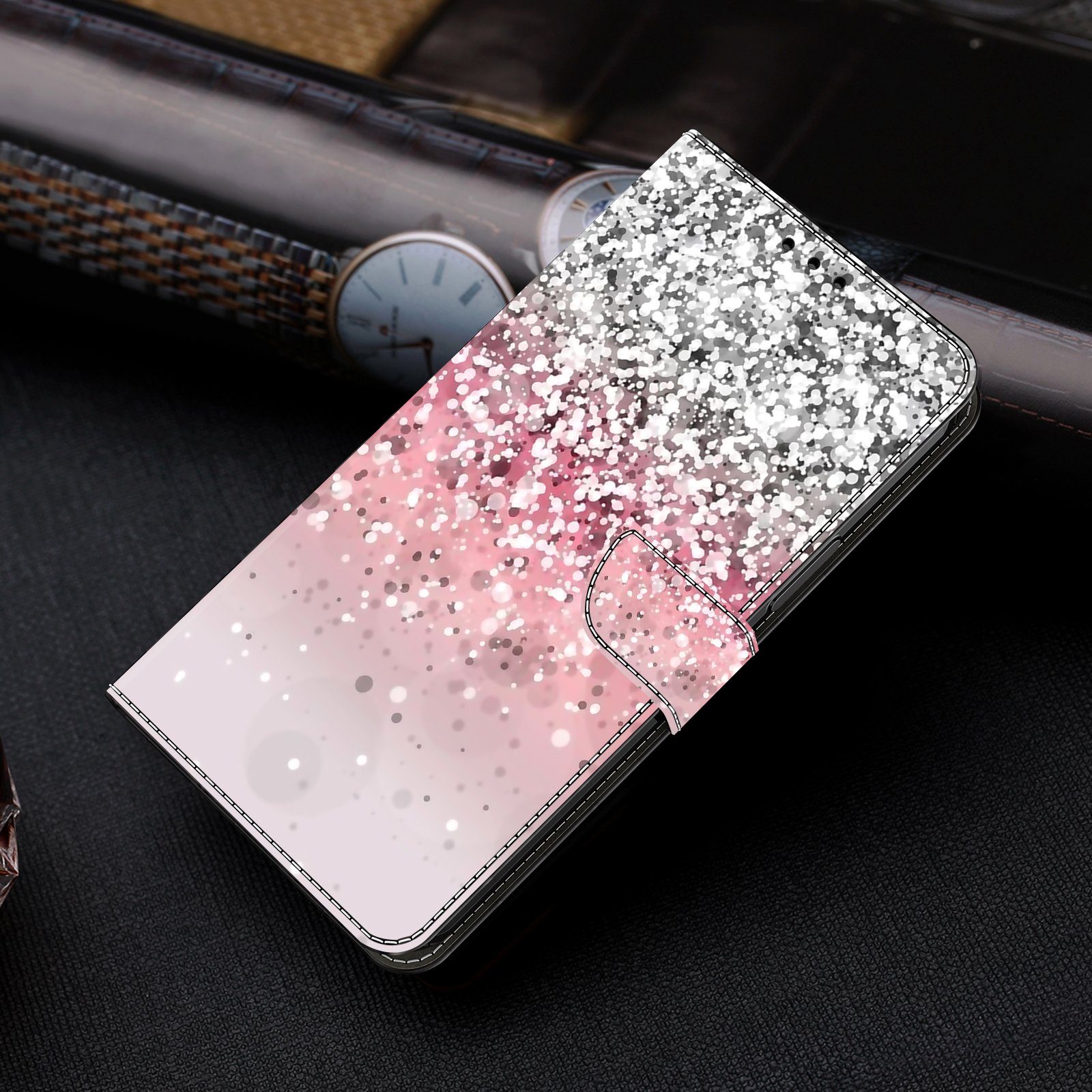 CLM-Tech Handytasche für Samsung Galaxy A57 5G Hülle aus PU-Leder Klapphülle (silber und rosa, 1-tlg., Flip Case), Magnetverschluss, Standfunktion und Kartenfäc – Bild 5 von 5