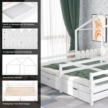 Merax Hausbett 90x200 cm mit zwei Liegefläche und Schubladen, Hausbett mit Rausfallschutz und Lattenrost, Doppelbett, Jugendbett