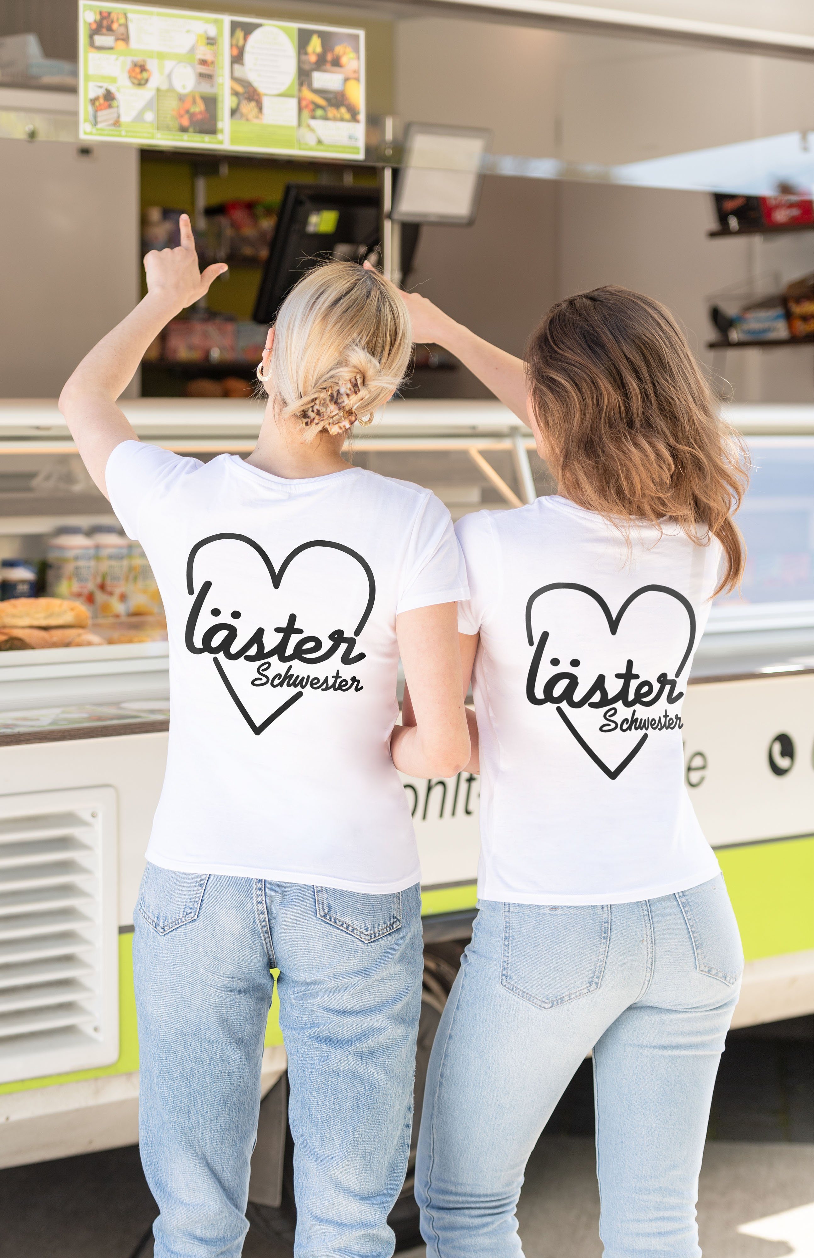 Sister mit T-Shirt Brust- Shop Beste T-Shirt Weiß Lästerschwester Freundin Couples Rückenprint und modischem