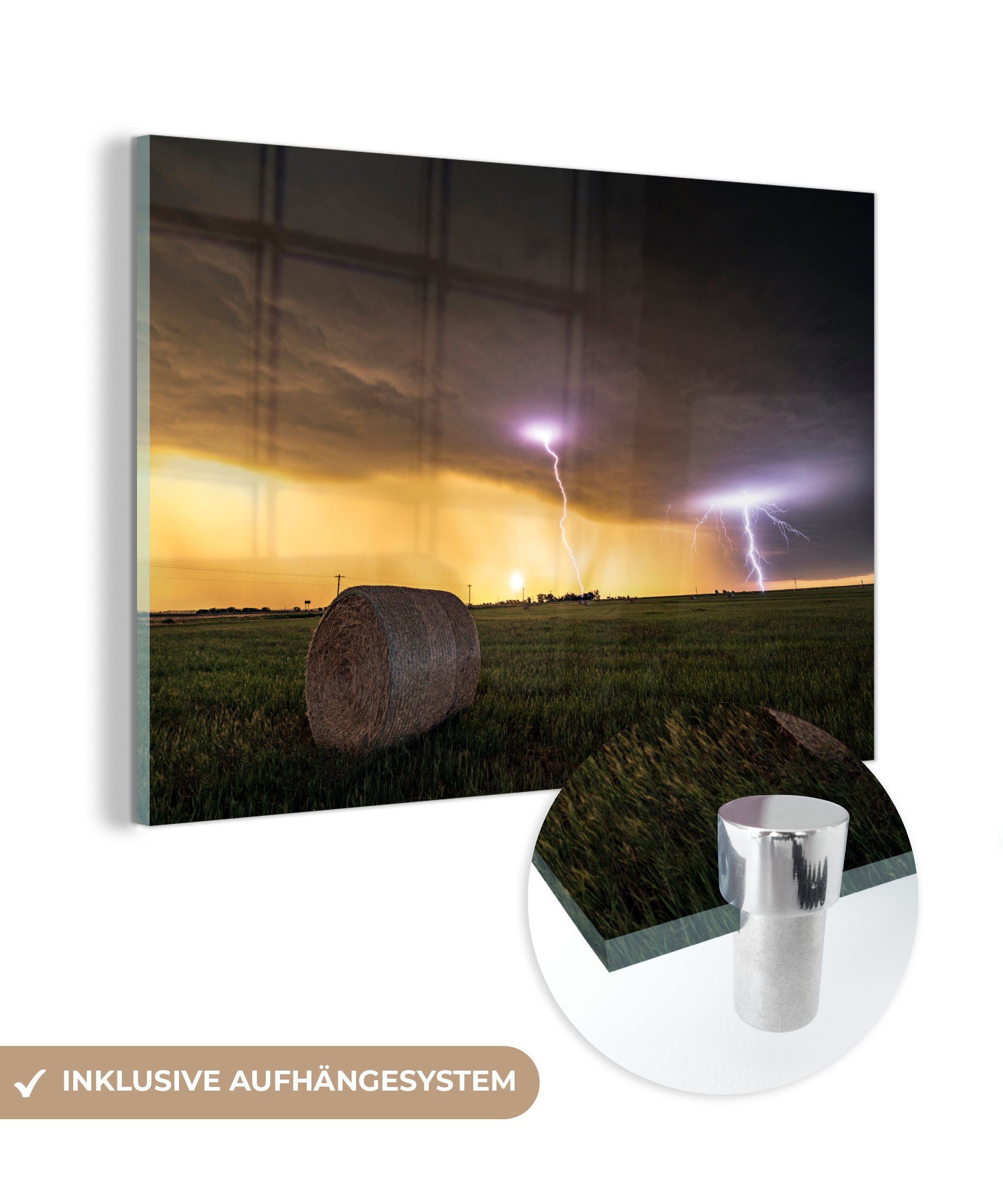 MuchoWow Acrylglasbild Gewitter über Rasen, (1 St), Acrylglasbilder Wohnzimmer & Schlafzimmer