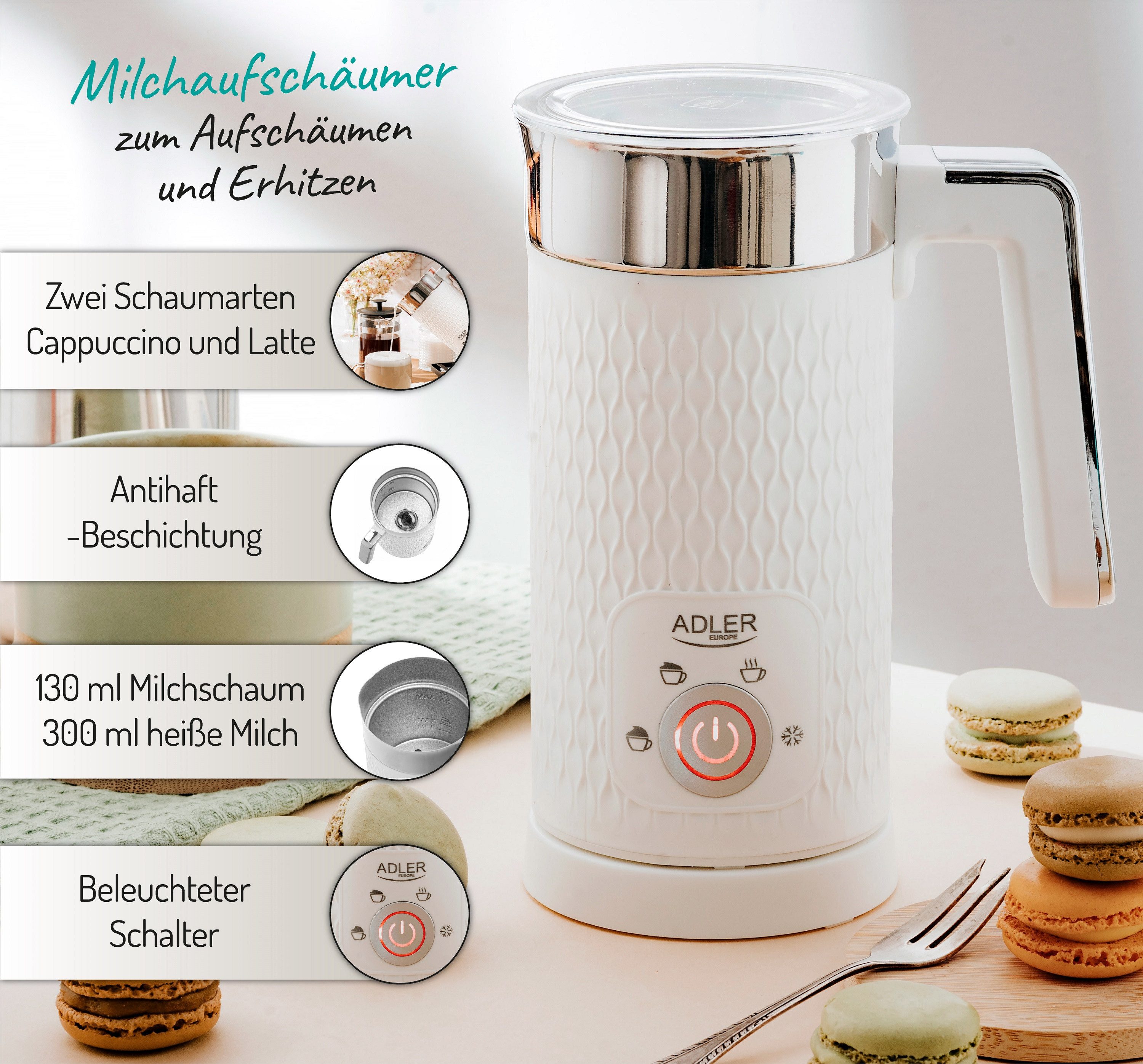 Adler Tasse Adler Milchaufschäumer – Aufschäumen und Erhitzen weiß AD 4494, Metall, Kunststoff