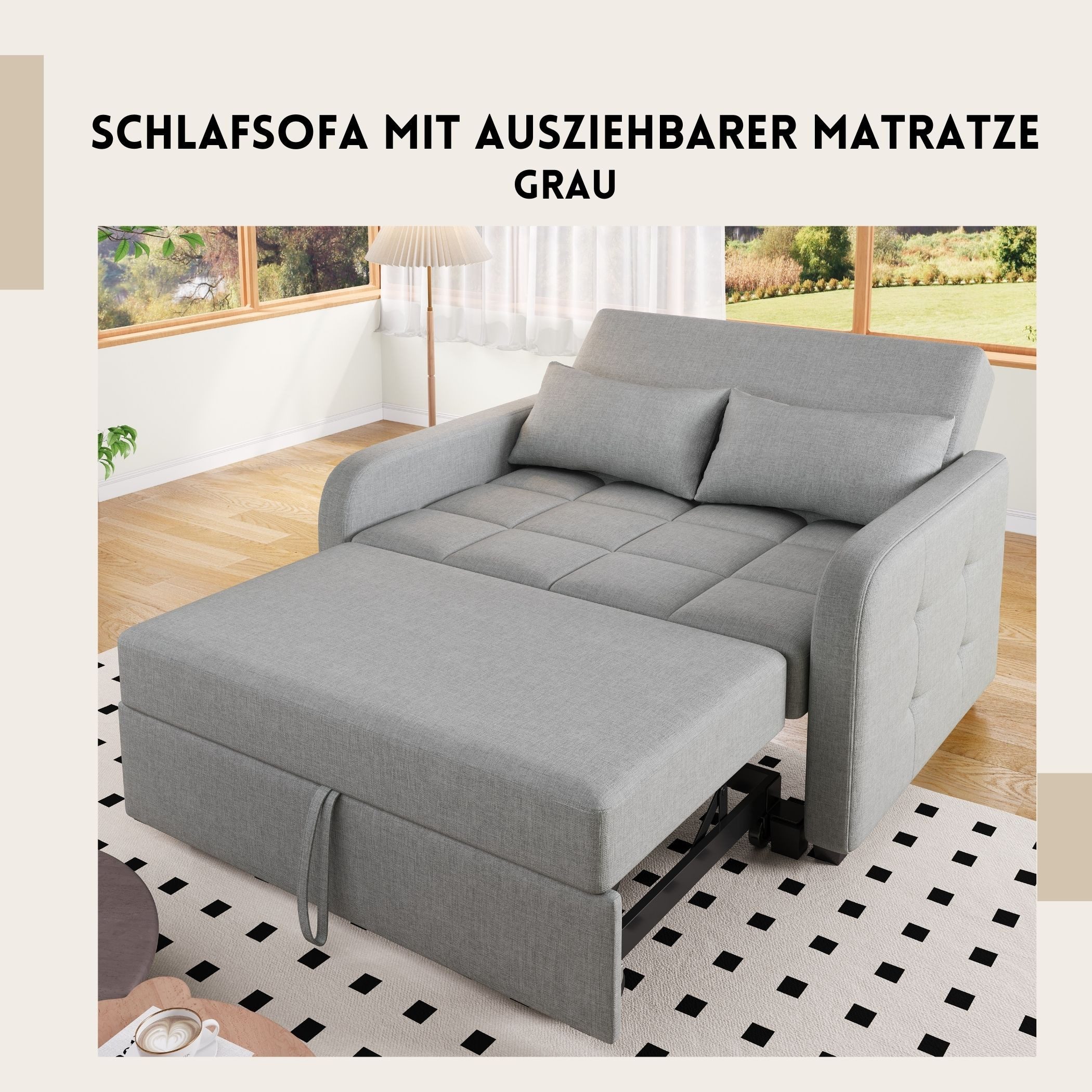 SeedWave Schlafsofa mit ausziehbarer Matratze, verstellbare Rückenlehne 105°/138°/180°, 2 Kissen, 180x127 cm Doppelbett, Leinenstoff, platzsparen