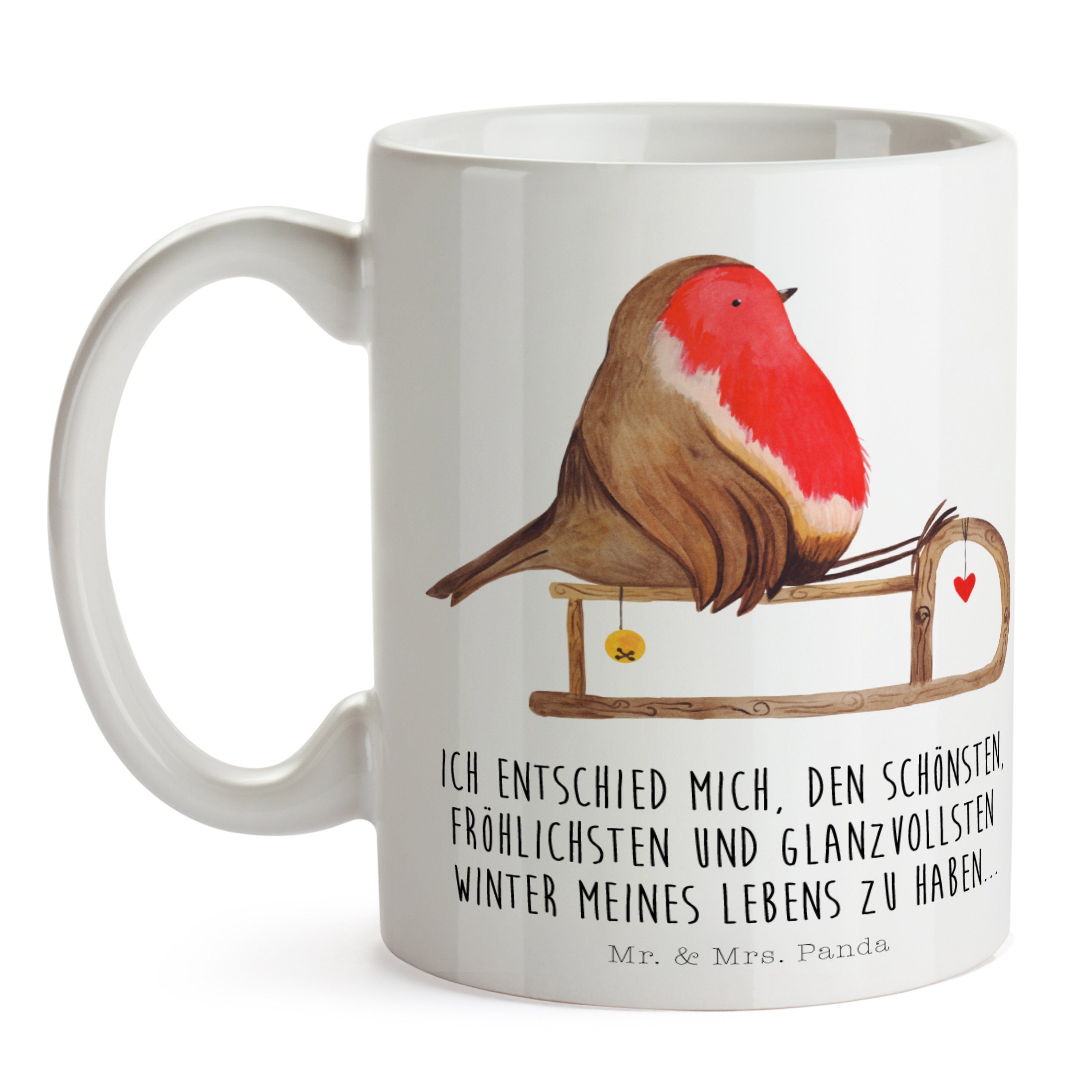 Keramik - Rotkehlchen Mr. - Schlitten Tasse Winter, Panda Mrs. & Geschenk, Kaffeetas, Teetasse, Weiß