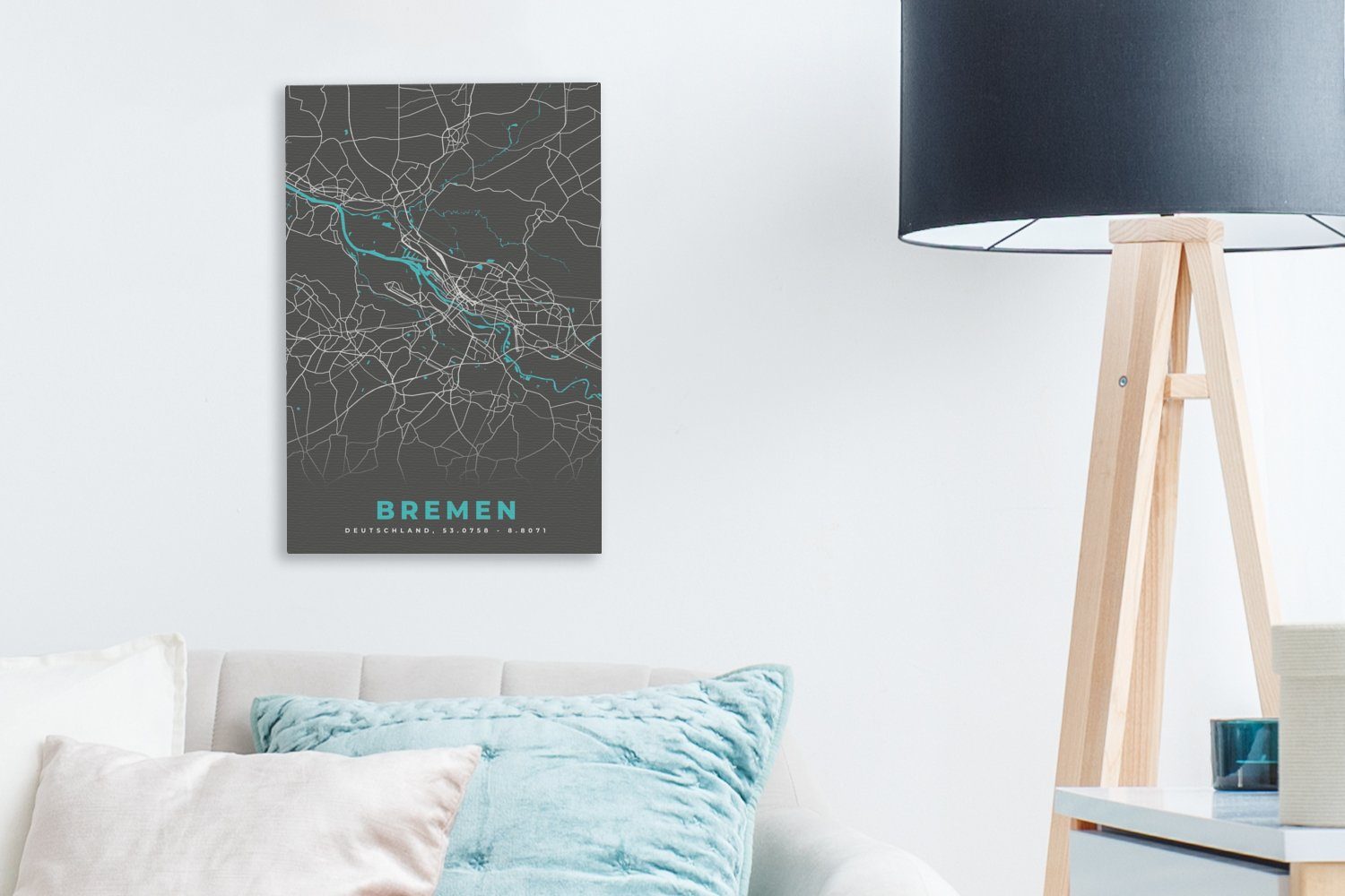 Bremen Deutschland 20x30 OneMillionCanvasses® Leinwandbild (1 Karte, Stadtplan Blau inkl. - - Zackenaufhänger, Leinwandbild - bespannt Gemälde, St), - cm fertig