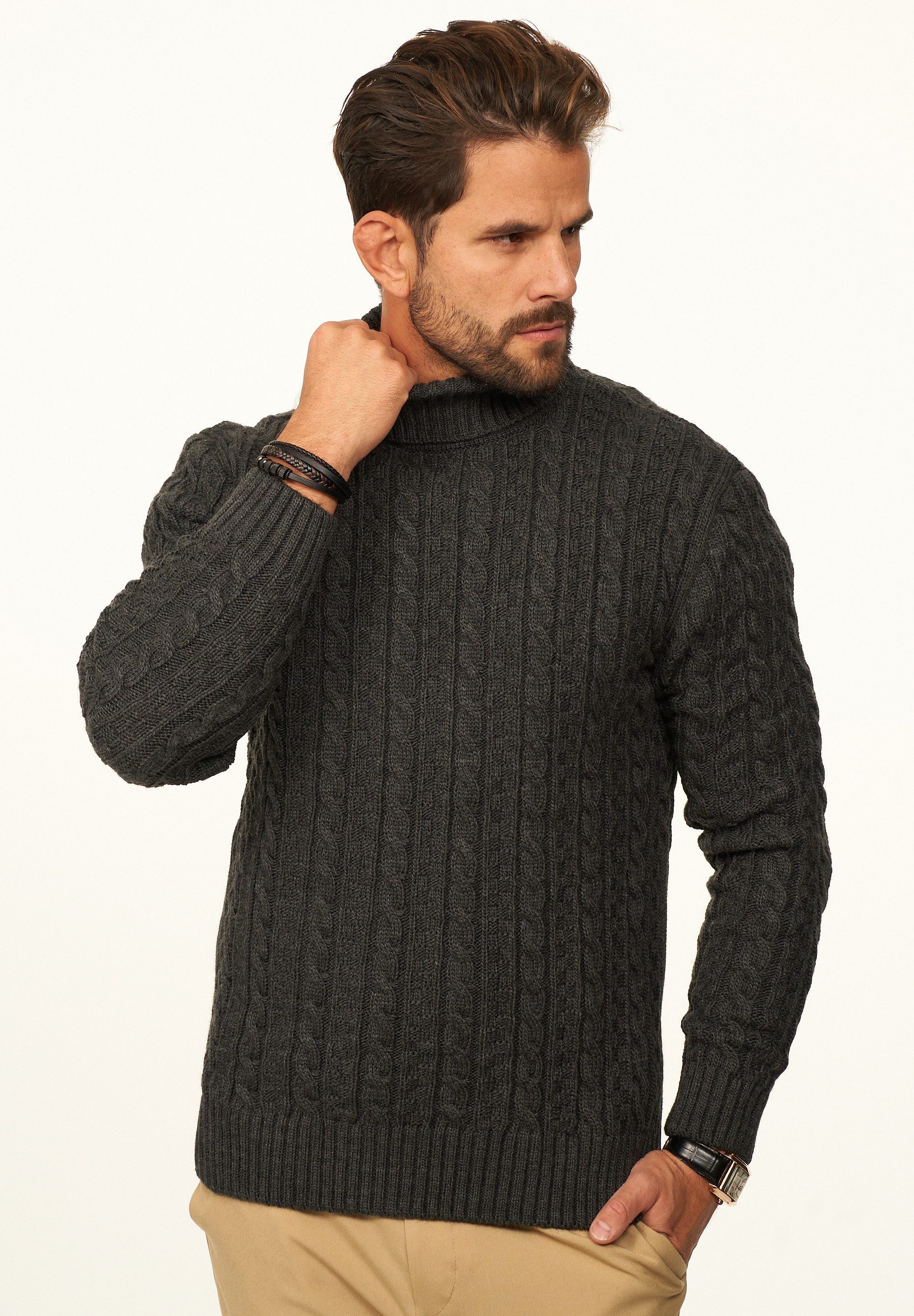 DAILY COTTON Rollkragenpullover als Grobstrick Pulli mit Zopfmuster für Herren Strickpullover für Männer - Winterpullover im Regular-Fit