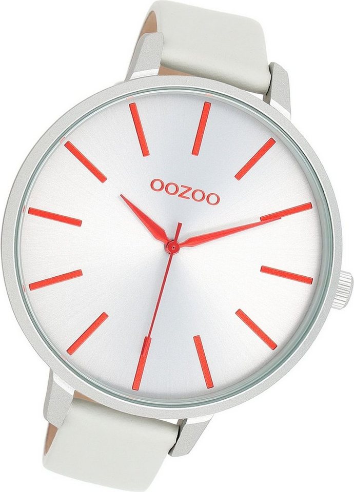 OOZOO Quarzuhr Oozoo Damen Armbanduhr Timepieces, Damenuhr Lederarmband  grau, rundes Gehäuse, extra groß (ca. 48mm)