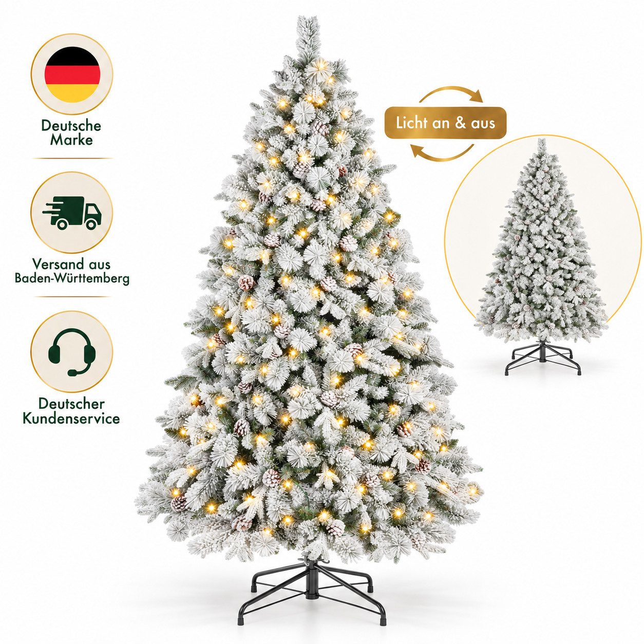 PixelPilot Künstlicher Weihnachtsbaum mit Beflockung, Zapfen, 300/440/500 LEDs, Metallfuß, 180/210/235 cm, Künstlicher Weihnachtsbaum, LED-beleuchtet, Schneeeffekt, Tannenzapfen, realistische Optik
