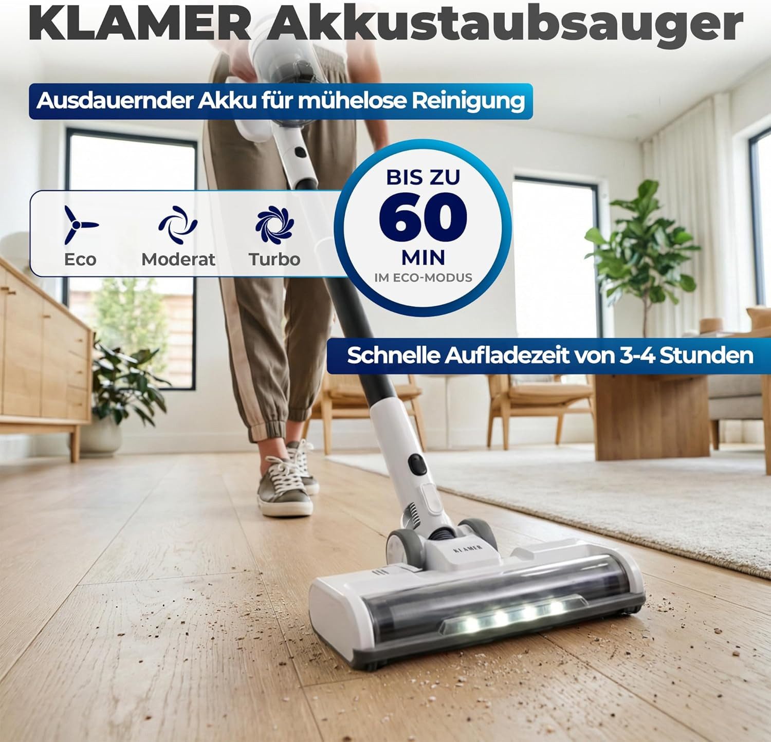 KLAMER Akku-Hand-und Stielstaubsauger 2-in-1 kabellos mit 60 Min Laufzeit, Handstaubsauger für Teppich, Har…, 460 W, beutellos, 2in1 Funktion, LED-Bodenkopfbeleuchtung, Wandhalterung, 3 Aufsätze