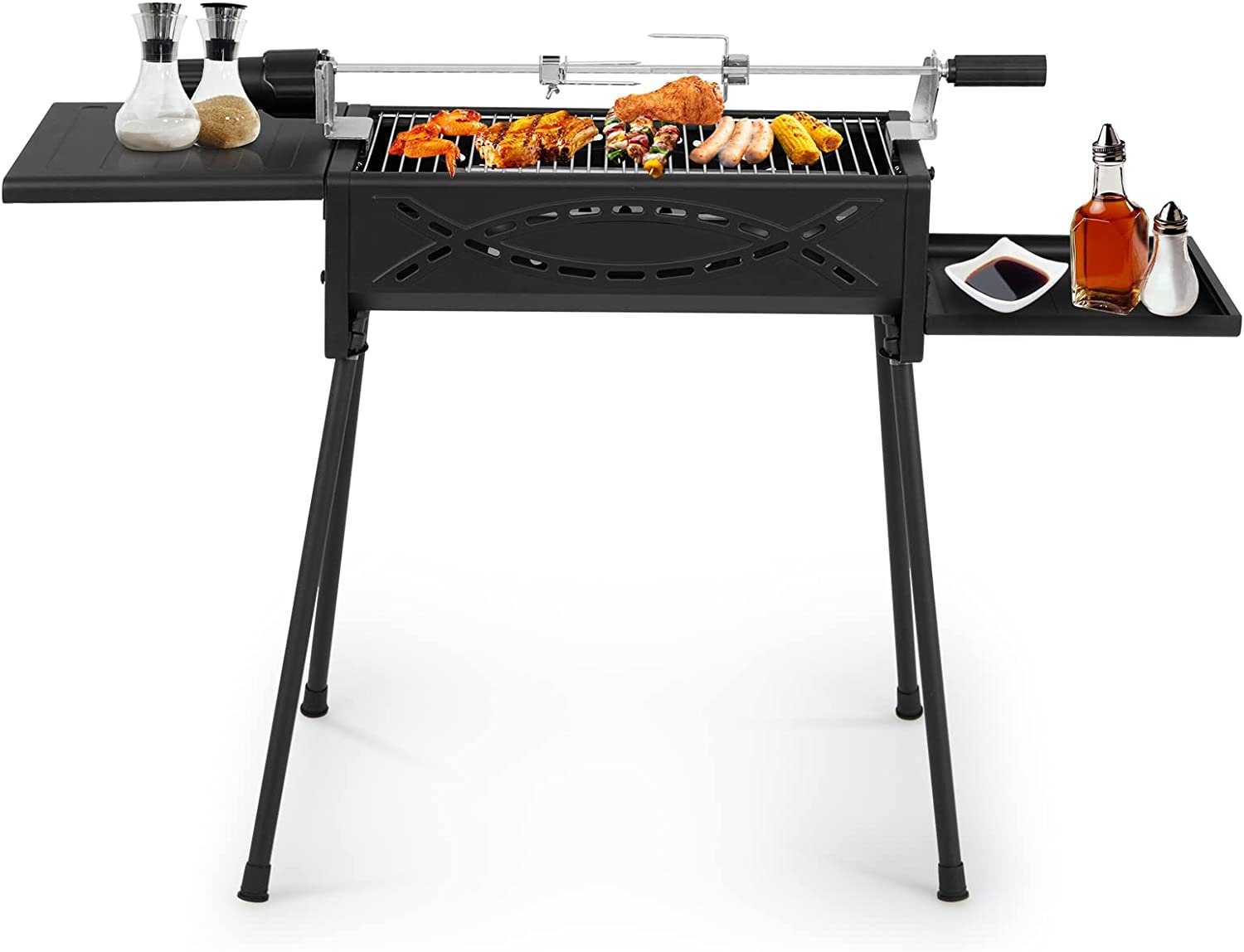 KOMFOTTEU Holzkohlegrill Edelstahl-Grill mit abnehmbaren Beinen und Seitenablagen, tragbarer BBQ-Grill