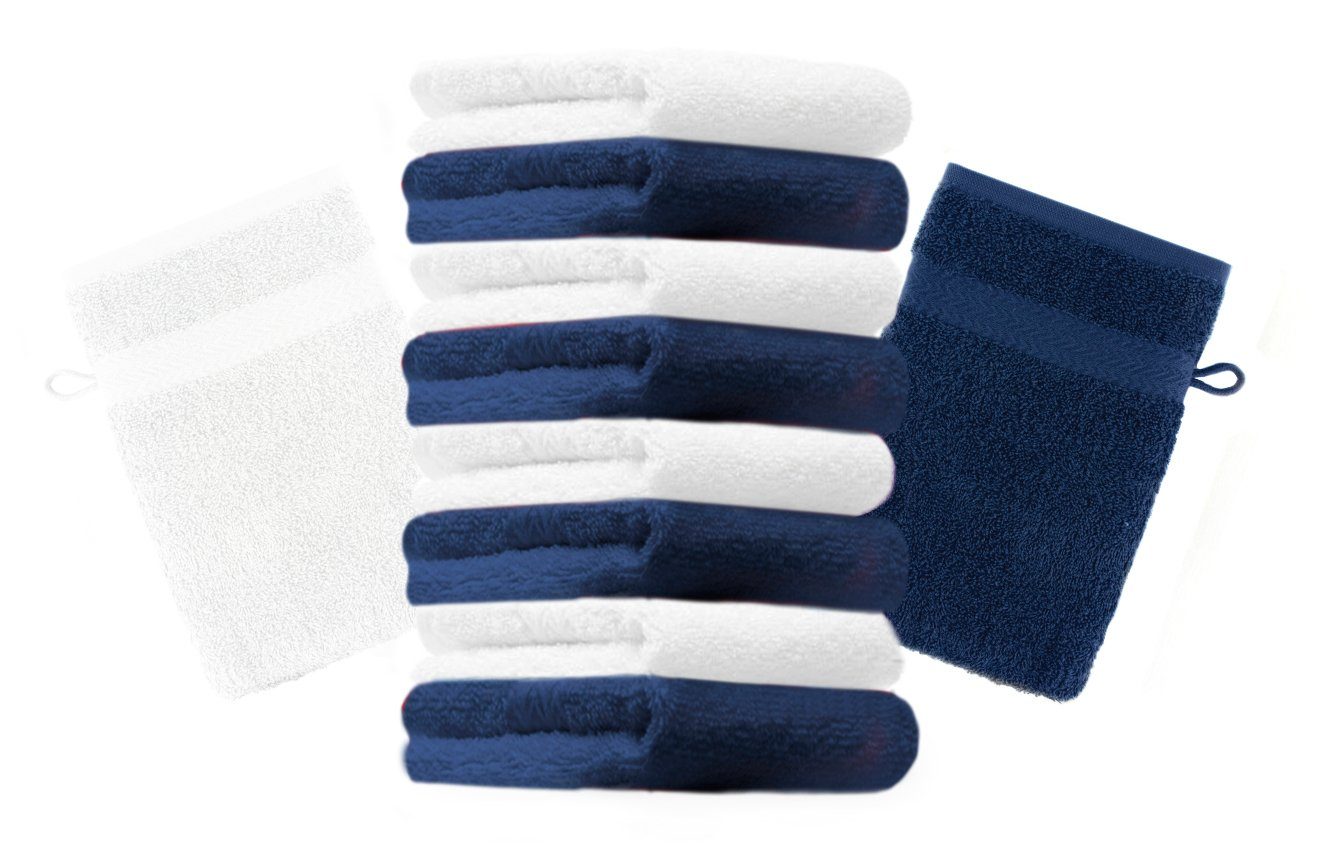 Betz Waschhandschuh 10 Stück Waschhandschuhe Premium 100% Baumwolle Waschlappen Set 16x21 cm Farbe dunkelblau und weiß