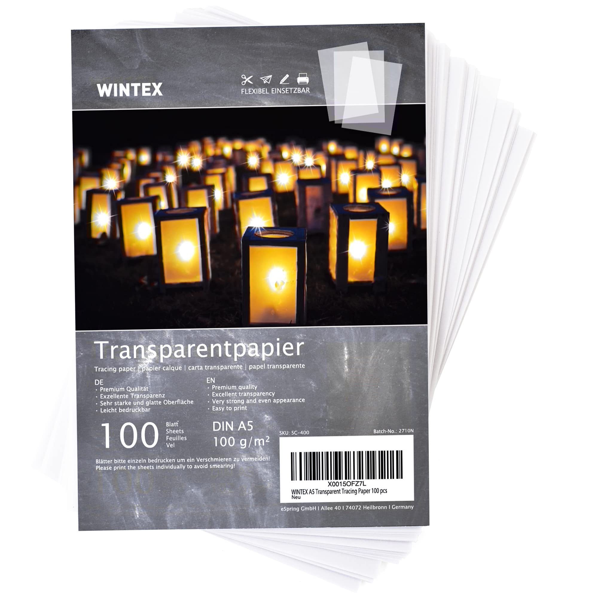 WINTEX Transparentpapier 100 Blatt Transparentpapier DIN A5, weiß, 100 g/qm, Transparentpapier DIN A5, 100 Blatt, weiß, 100 g/qm