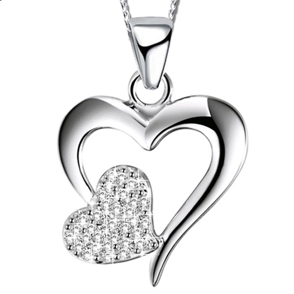 Zirkonia Schmuckset Herzkette Herz Ohrringe Kette mit Anhänger 925 Echt Silber 