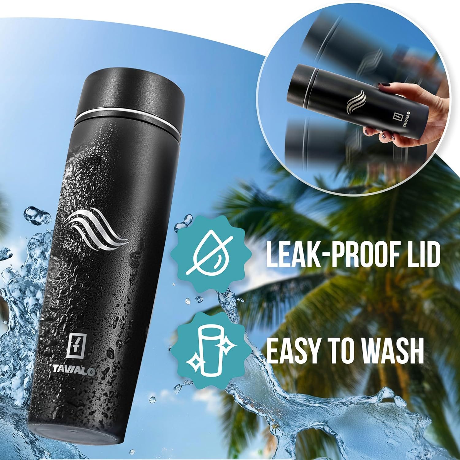 TAVIALO Isolierflasche 460ml schwarz matt Inox Edelstahl, Pulverbeschichtung, Kaffeebecher, ideal für Reisen, Schule, Camping, Wanderungen, beim Sport