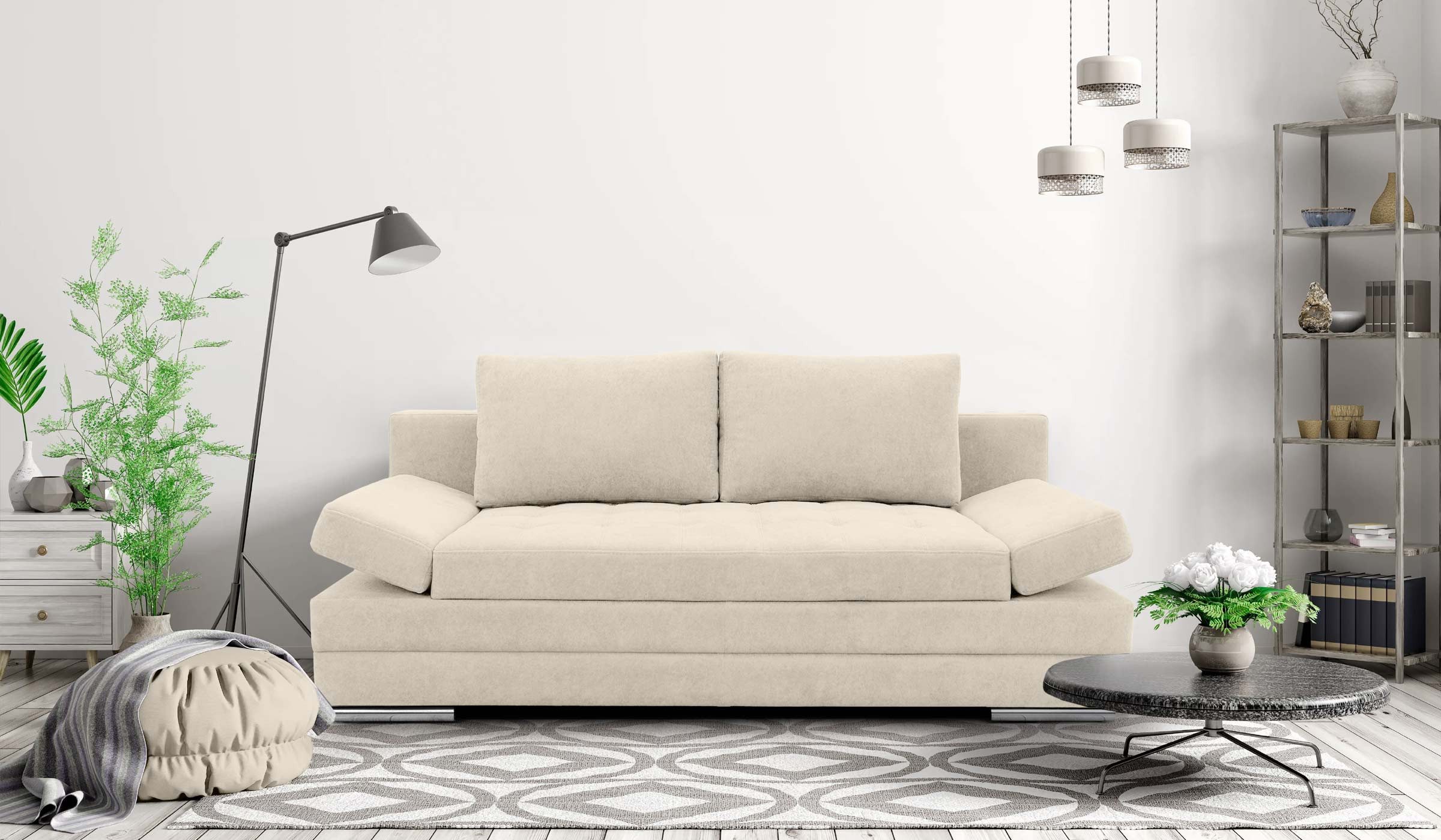 Hygger Möbelhaus Schlafsofa Barni mit Schlaffunktion und Bettkasten, Inkl. Armteilverstellung, Liegefläche: 145 × 202 cm, Wellenunterfederung & Federkern, kostenlose Lieferung und Montage in ganz Deutschland.