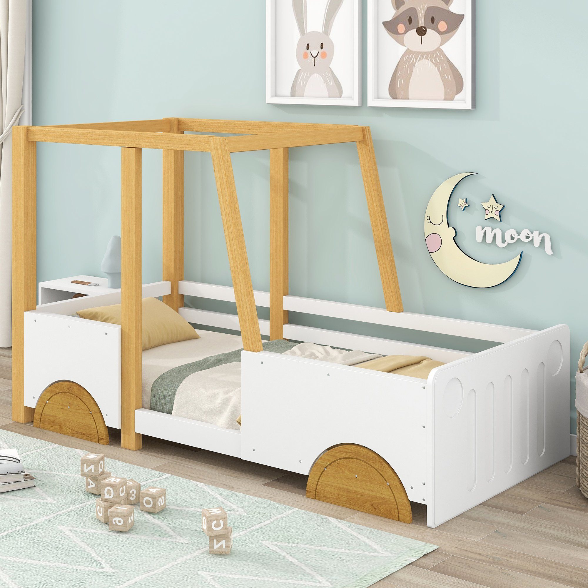SOFTWEARY Kinderbett Autobett mit Rollrost (90x200 cm), Einzelbett mit Rausfallschutz, Holzbett aus Kiefer, Jugendbett