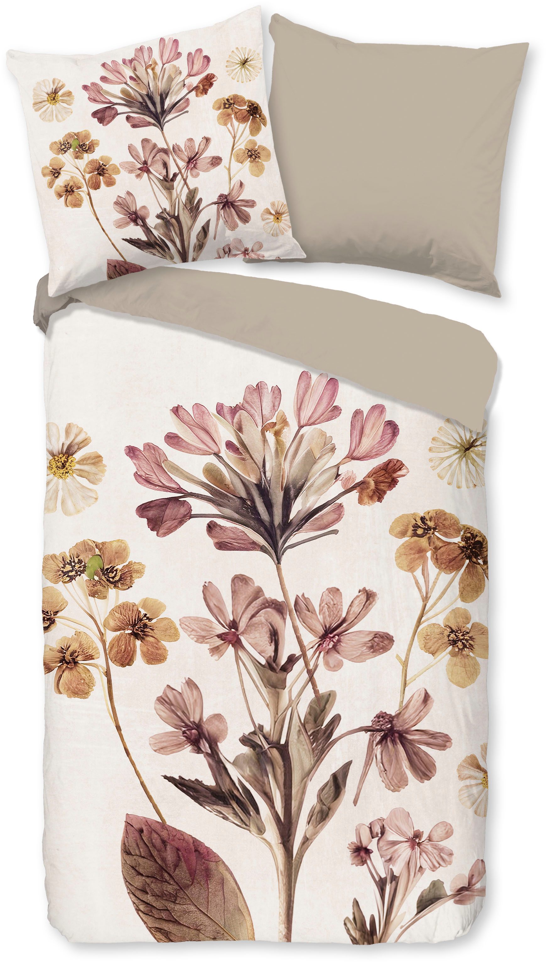 PURE luxury collection Wendebettwäsche Okuyasu, Microfaser, 2 teilig, Mikrofaser, Pflegeleicht, Reißverschluss, Wendeoptik, Blume, Sand