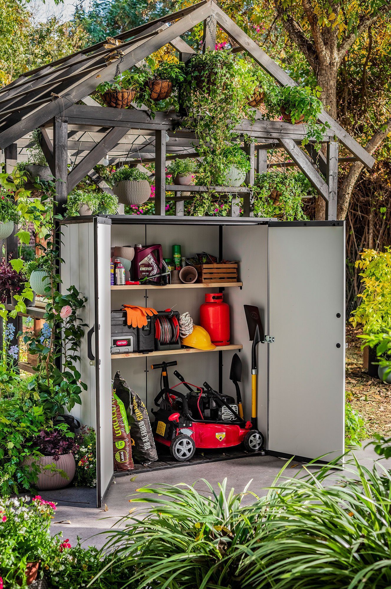 Keter Geräteschrank High Store Plus Gerätehaus, Duotec, Schuppen wetterfest, abschließbar, anstreichbar, 139,5 x 77,1x 170,4 cm