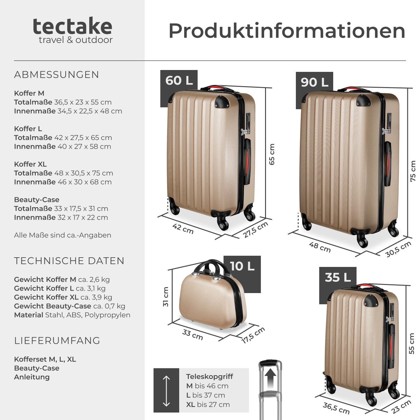 tectake Trolley Hartschalenkoffer-Set, 4 Rollen, 4-teilig, 3 Trolleys und Beauty-Case aus robustem ABS-Kunststoff