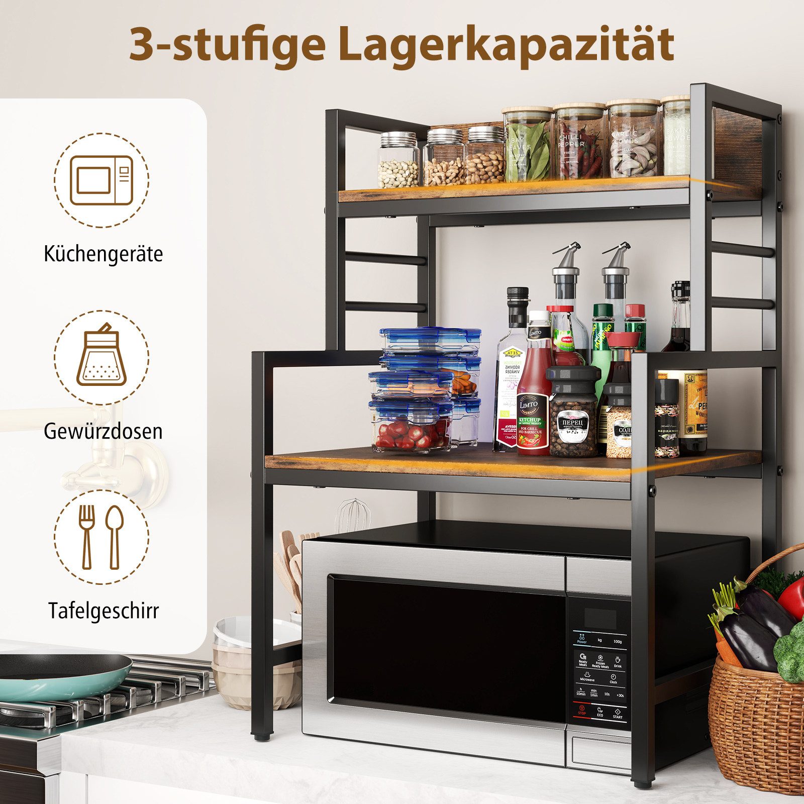 COSTWAY Küchenregal 3 Stufiges Mikrowellenregal stehend, mit 2 Ablagen – Bild 3 von 5